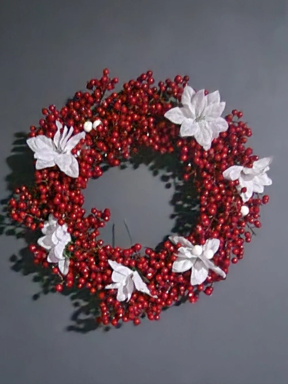 Festive Red Berry Wreath with White Poinsettias